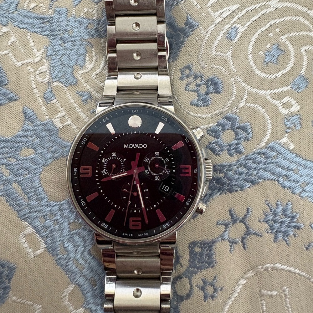Movado Black and Silver Watch with Chronograph